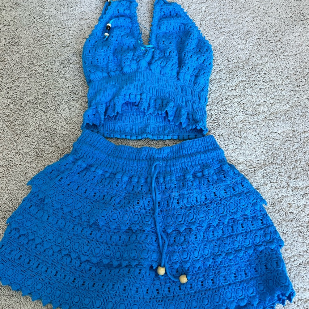 Blue Crochet Halter Top and Skirt Set